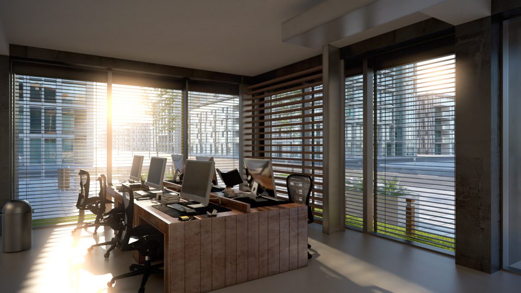 Żaluzje_Animacja_3D_Budynek_Interior_Swit Animacja 3D żaluzji Budynek Interior Świt