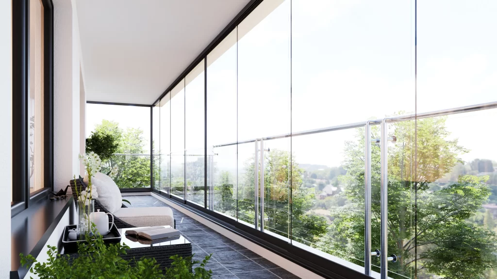 Tarasola zabudowa szklana wnetrze 01a Panele szklane wizualizacja 3D