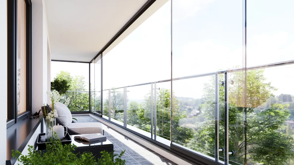 Tarasola zabudowa szklana wnetrze 02 Panele szklane wizualizacja 3D