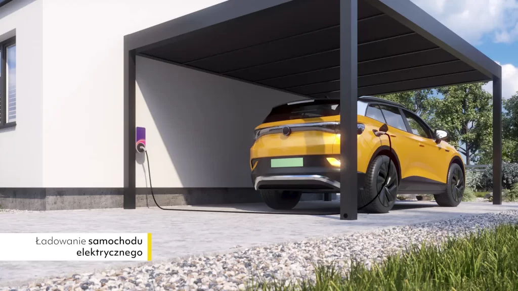 3vo Studio Animacje 3D - Carport Render Produktowy 008 3vo Studio Animacje 3D - Carport Ładowanie samochodu elektrycznego