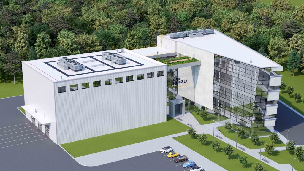SafetyBuildings_caly_budynek Wizualizacja budynku z jasnym dachem