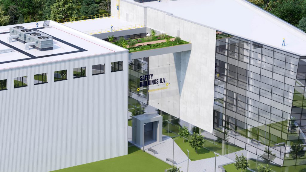 SafetyBuildings_caly_zblizenie Wizualizacja 3D budynku z systemem zabezpieczeń