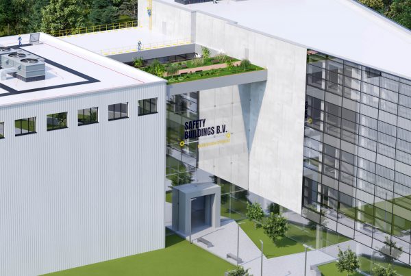 Wizualizacja 3D budynku z systemem zabezpieczeń